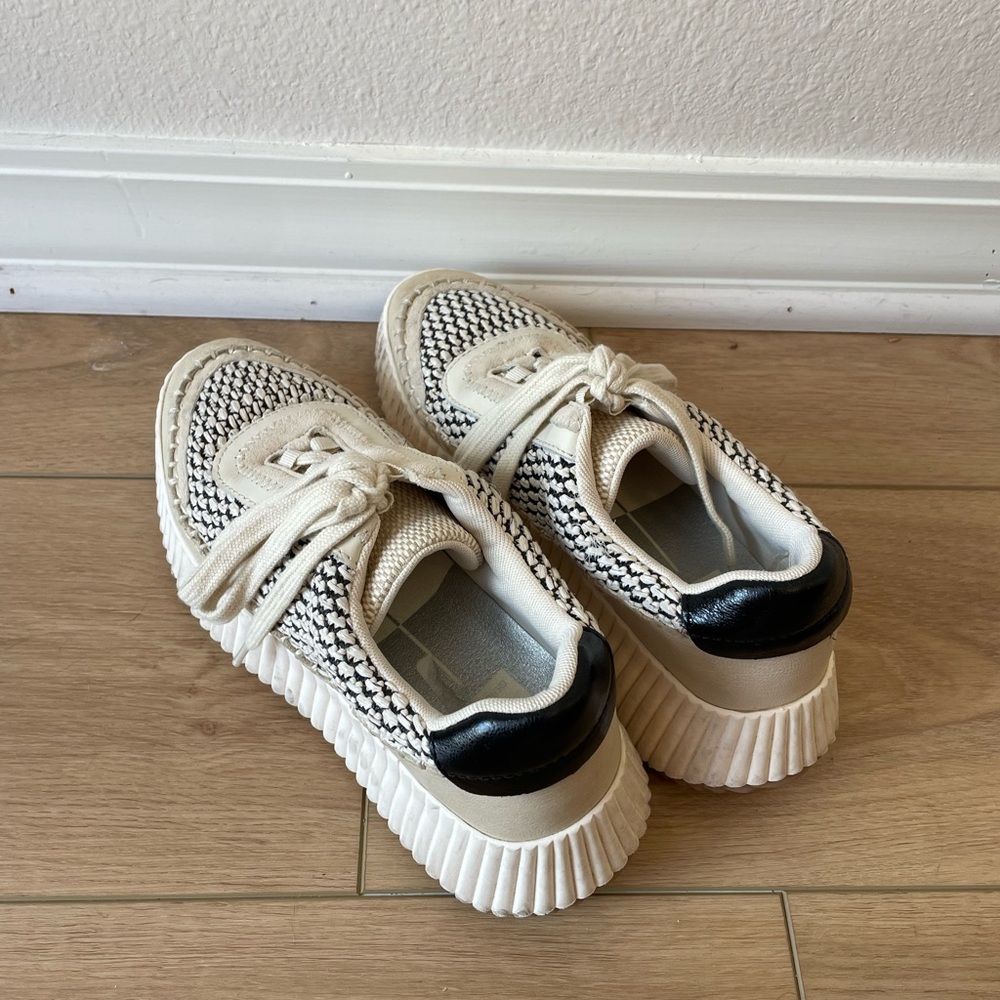 Dolce Vita Cream and Black Woven Platform Sneakers